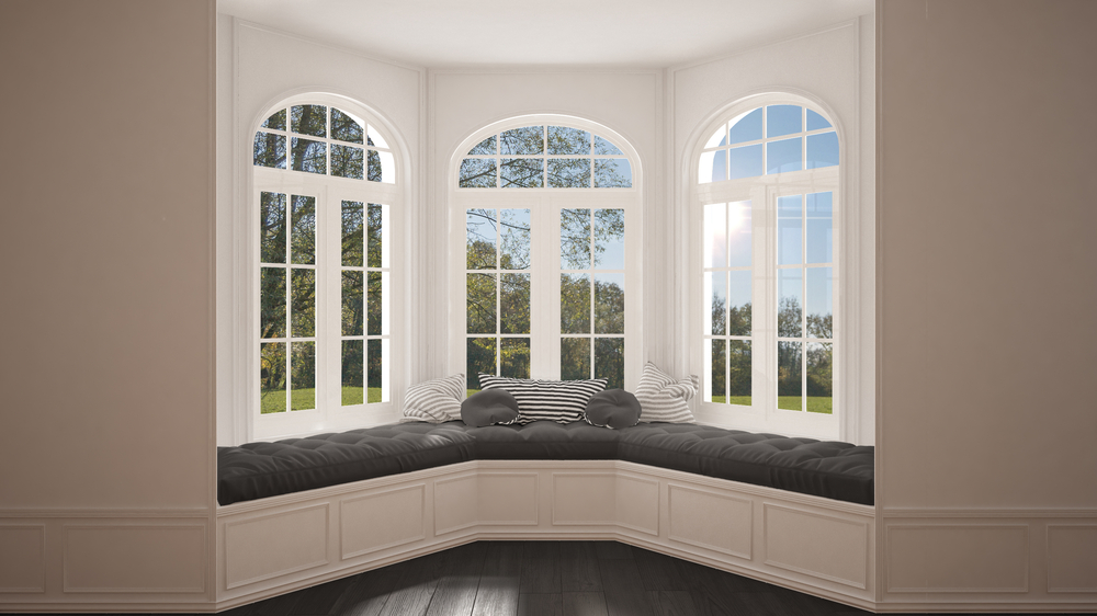 living room bay window with cushioned seats